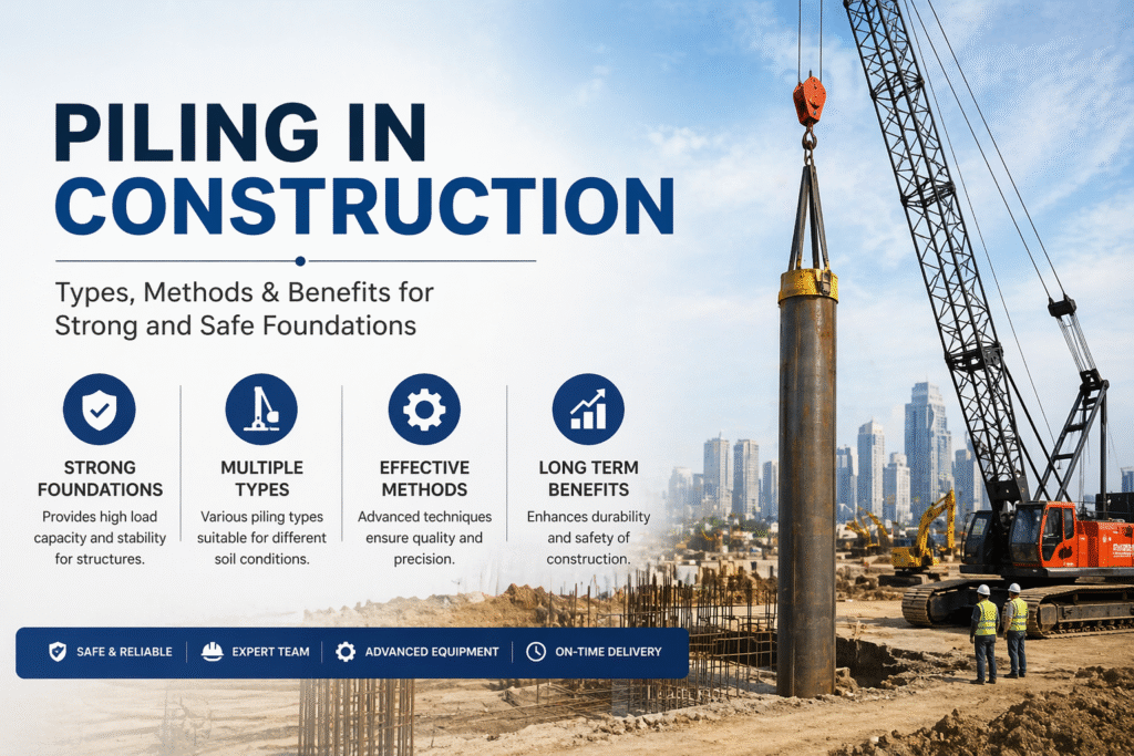 Piling in construction showing crane installing pile foundation at construction site with types, methods and benefits for strong and safe building foundations