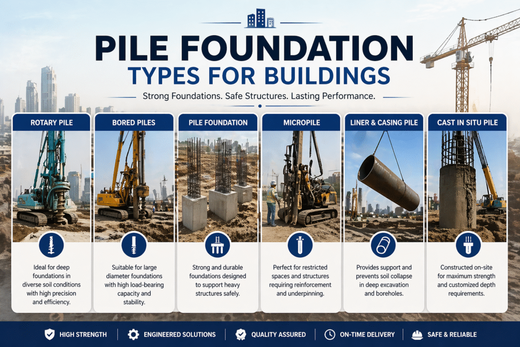 Pile foundation types for buildings infographic showing rotary pile, bored piles, pile foundation, micropile, liner and casing pile, and cast in situ pile used in construction projects for strong and durable foundations.