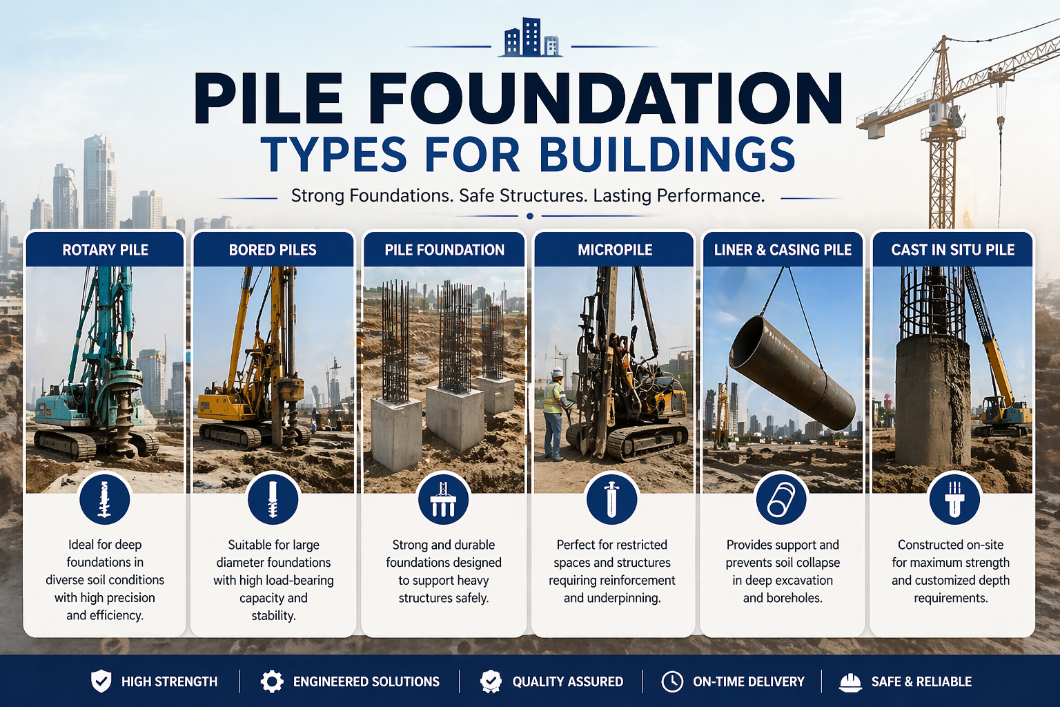 Pile foundation types for buildings infographic showing rotary pile, bored piles, pile foundation, micropile, liner and casing pile, and cast in situ pile used in construction projects for strong and durable foundations.