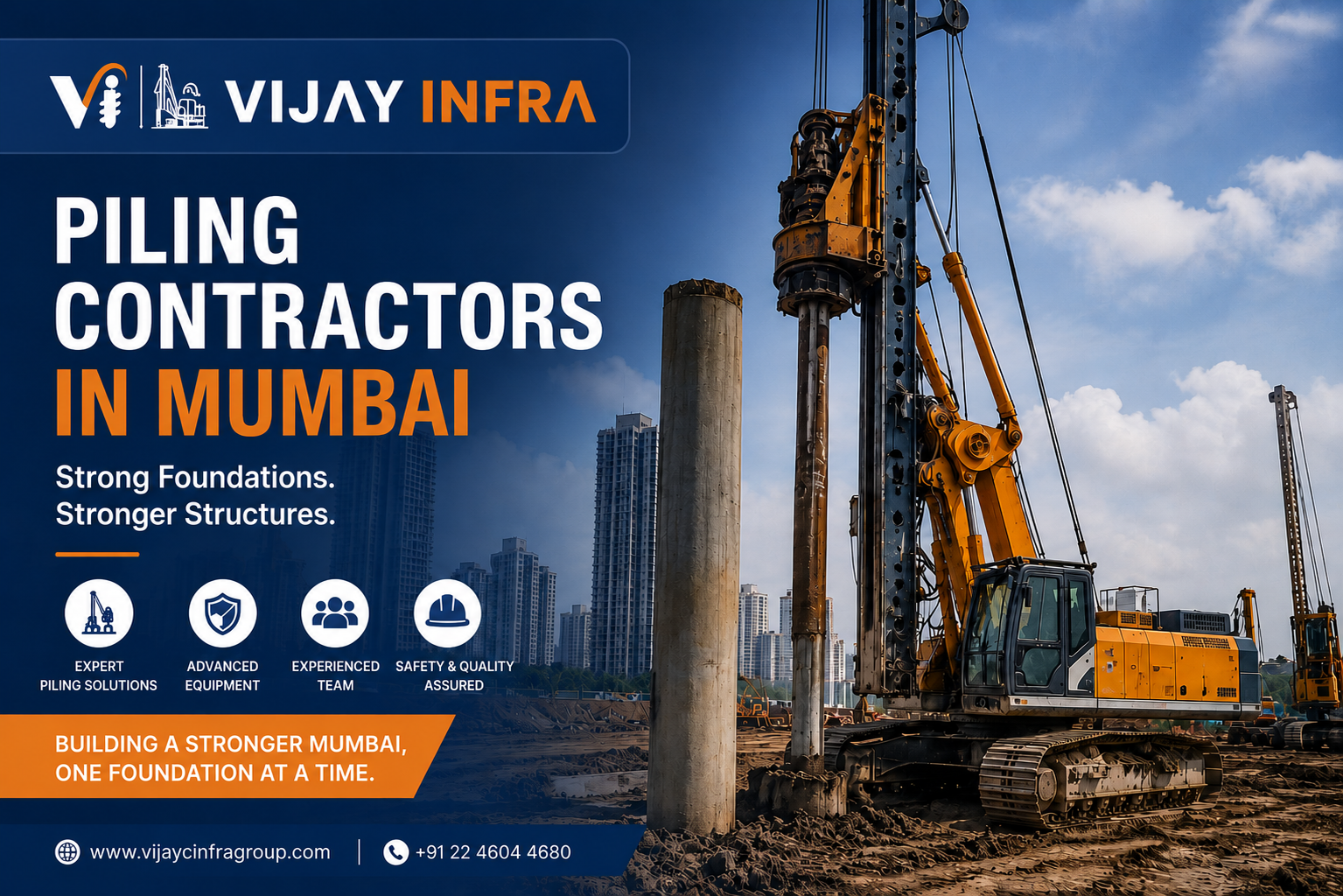 Piling Contractors in Mumbai operating advanced piling machinery at a large construction site, installing deep foundation piles for high-rise buildings. Heavy-duty equipment, concrete piles, and an urban skyline showcase professional foundation engineering, safety standards, and infrastructure development in Mumbai.