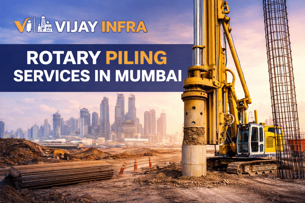 Vijay Infra rotary piling services in Mumbai featuring a large yellow rotary piling rig at an active construction site with Mumbai skyline, reinforced steel cage, and professional foundation engineering branding.