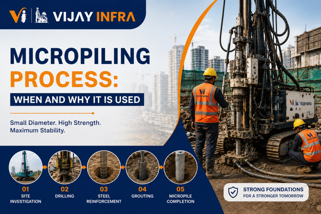 Micropiling process featured image by Vijay Infra showing drilling machinery, steel reinforcement, grouting, and foundation construction with the title “Micropiling Process: When and Why It Is Used.”
