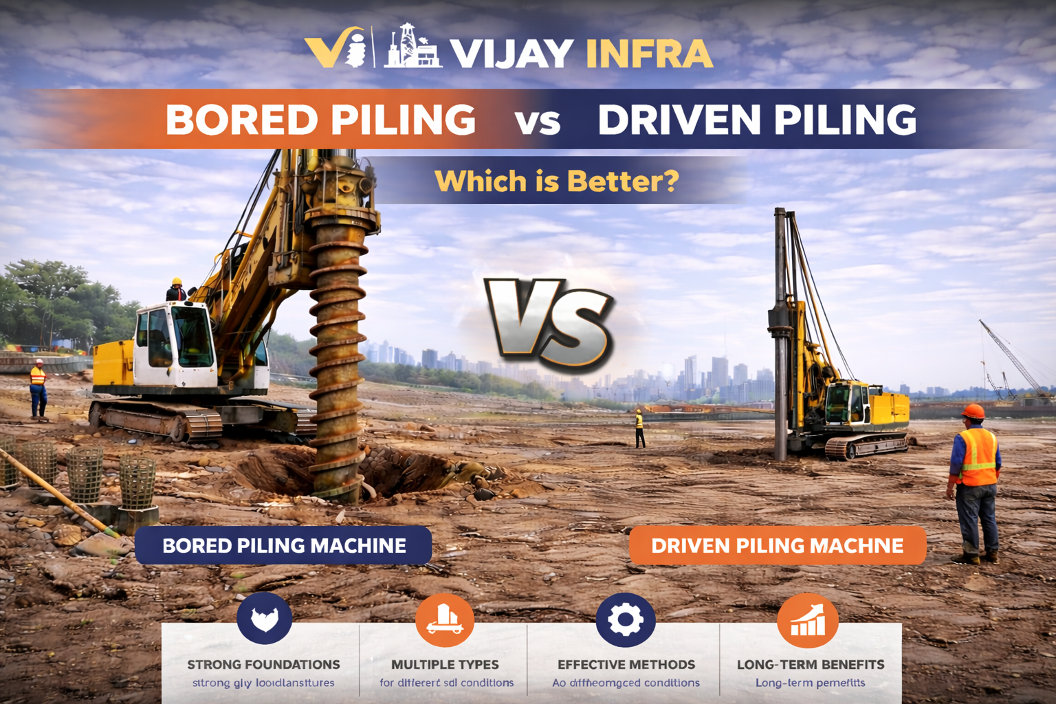 Bored piling vs driven piling comparison graphic by Vijay Infra featuring a large bored piling machine and driven piling rig at a construction site with foundation engineering equipment and infrastructure development work. 