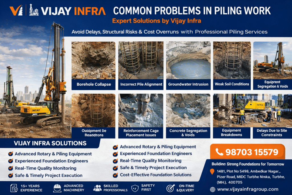 Common Problems in Piling Work infographic by Vijay Infra showing borehole collapse, incorrect pile alignment, groundwater intrusion, weak soil conditions, reinforcement cage placement issues, concrete segregation, equipment breakdowns, and professional piling solutions in Mumbai.
