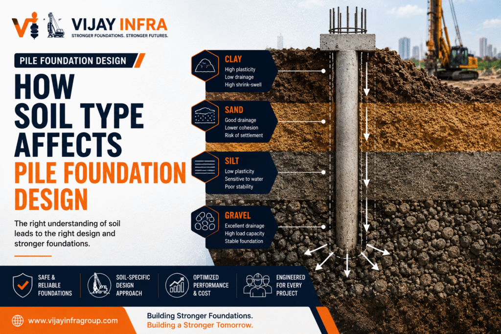 Pile foundation design infographic showing how different soil types including clay, sand, silt, and gravel affect pile performance and load-bearing capacity. The illustration features a cross-section of soil layers with a deep foundation pile transferring structural loads into stable ground for stronger and safer construction.