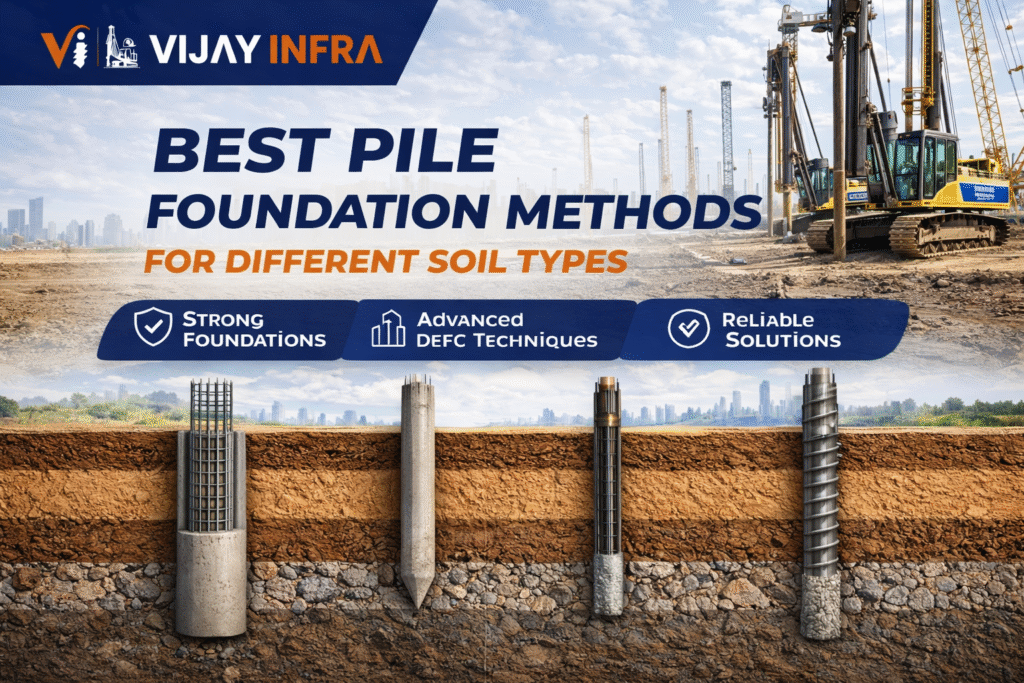 Featured image showing a large piling rig and different pile foundation methods for various soil types. The design highlights bored cast-in-situ piles, driven precast piles, micro piles, and CFA piles with realistic soil cross-sections and construction site background. Vijay Infra branding is prominently displayed, illustrating foundation solutions for soft clay, sand, dense soil, and rock strata.