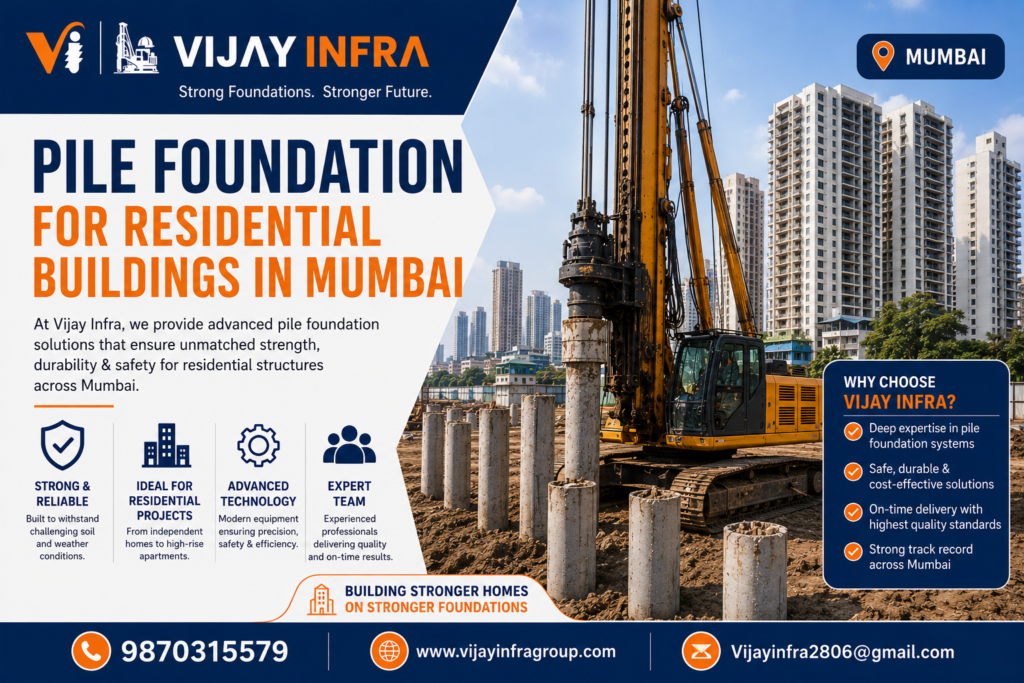 Vijay Infra pile foundation services for residential buildings in Mumbai with advanced piling machine and strong foundation construction.